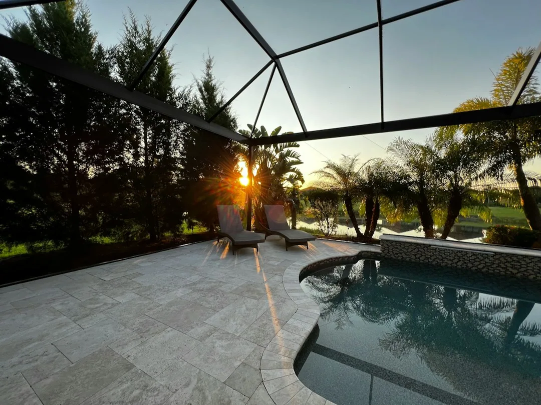 Sunset pool screen enclosure travertine deck, Sanford